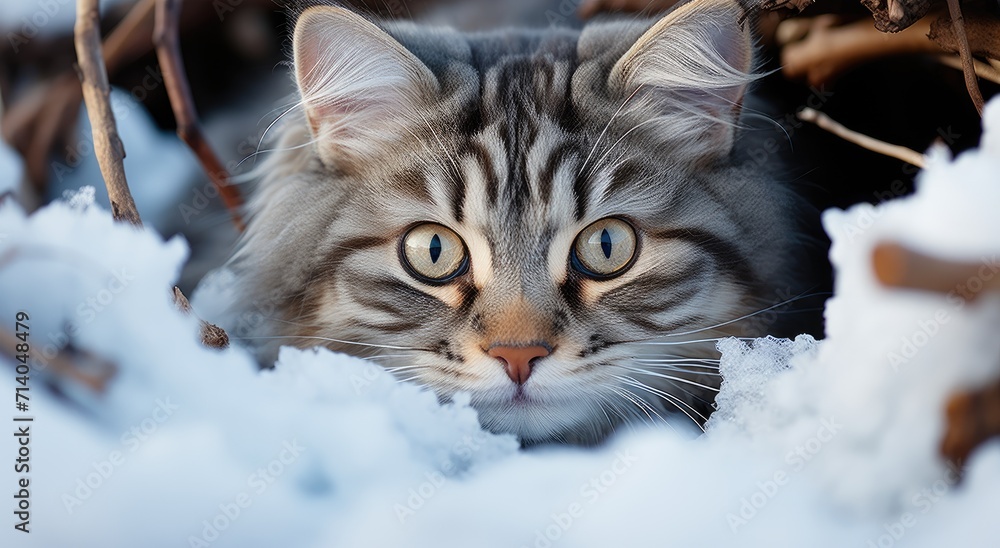 A domestic cat, with its gray fur standing out against the white snow, rests peacefully in the freezing winter landscape, its whiskers twitching as it takes in the serene beauty of the outdoors