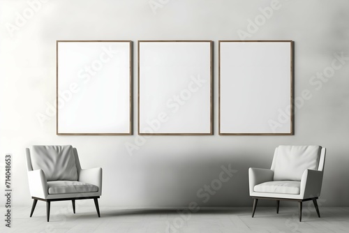 3 Blank poster wooden mock up frames on the wall in living room interior.