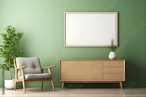 wall with empty mockup in wooden frame over wooden table with potted plant & chair