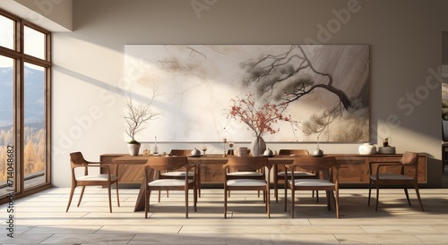 An elegant indoor dining room, adorned with stylish furniture and an eye-catching painting on the wall, centered around a large dining table and surrounded by comfortable chairs, with a coffee table  © Larisa AI