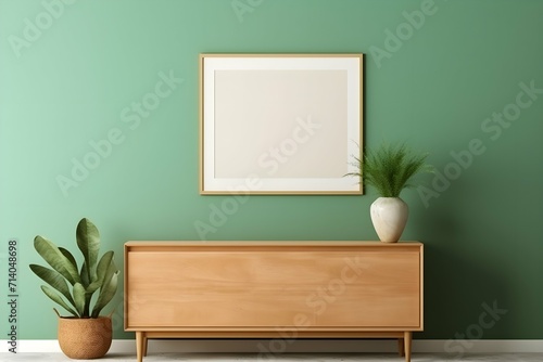 wall with empty mockup in wooden frame over wooden table with potted plant.