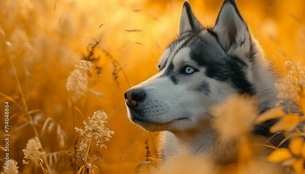 Husky against a golden yellow background, highlighting the breed's mesmerizing eyes and majestic appearance, Husky on yellow background, husky wall art