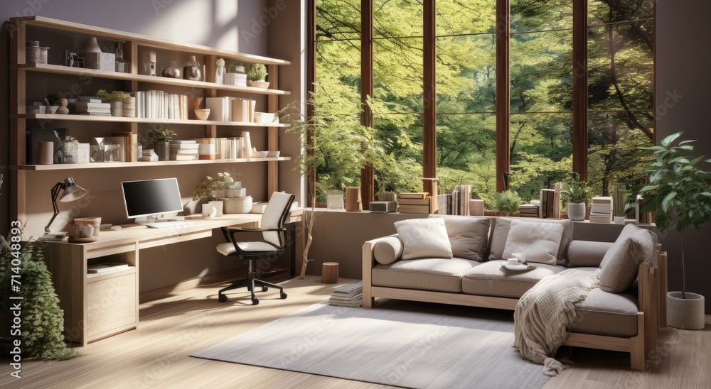 Cozy and modern living room featuring a stylish sofa bed, elegant coffee table, and a charming plant-filled shelf, creating the perfect space for relaxation and productivity