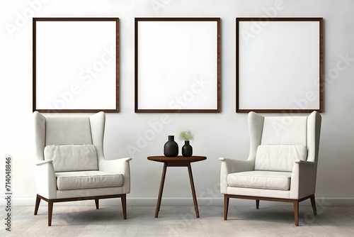 three mockups of empty pictures in wooden frames with white sofa.