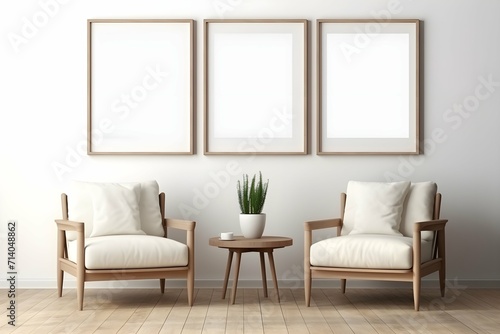 interior with white walls with wooden chairs and three mockup blank picture frames
