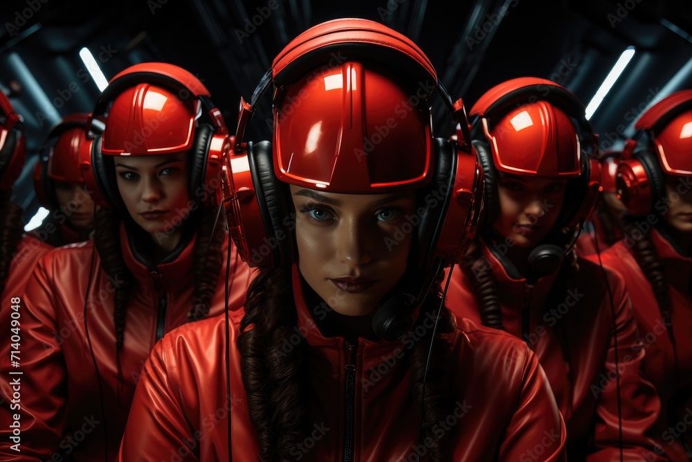 A fierce and unified team of women donning bold red headphones and jumpsuits, resembling powerful firefighters with their protective garments and helmets, stand confidently indoors, exuding strength 