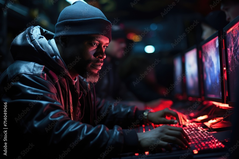 A creative and stylish man types away on his keyboard indoors, his black jacket and beanie contrasting with the street-inspired music he's creating