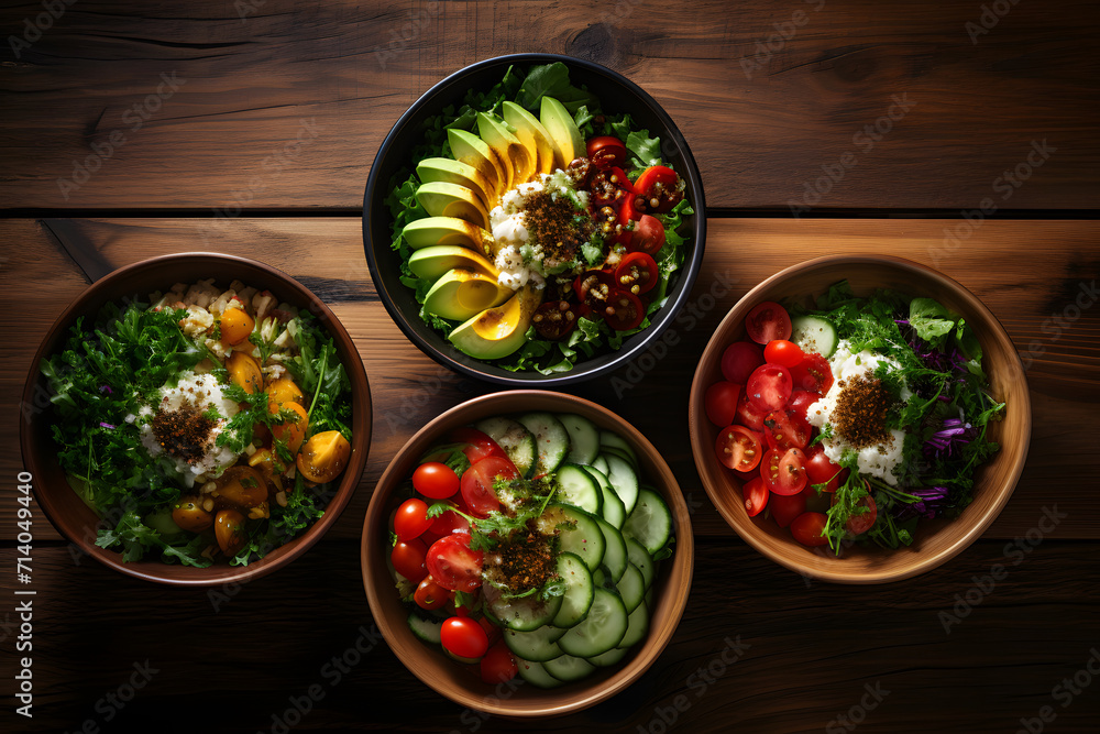 Different salads in a bowls on wooden table, top view Different salads in a bowls on wooden table, top view