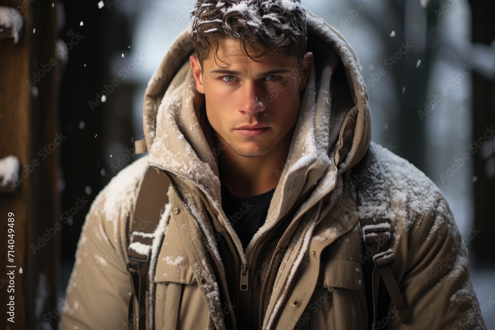 A rugged man braves the harsh winter elements, his face adorned with snow, as he stands proudly in his warm coat, ready for any outdoor adventure A rugged man braves the harsh winter elements, his face adorned with snow, as he stands proudly in his warm coat, ready for any outdoor adventure