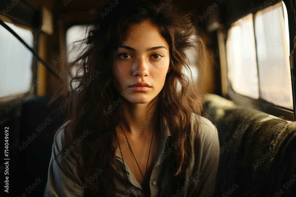 A pensive woman gazes out the train window, her long brown hair framing her human face as she reflects on her journey as a passenger in life A pensive woman gazes out the train window, her long brown hair framing her human face as she reflects on her journey as a passenger in life
