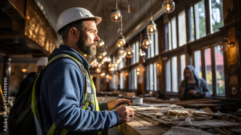 A skilled craftsman contemplating a project in a warmly lit workshop environment A skilled craftsman contemplating a project in a warmly lit workshop environment