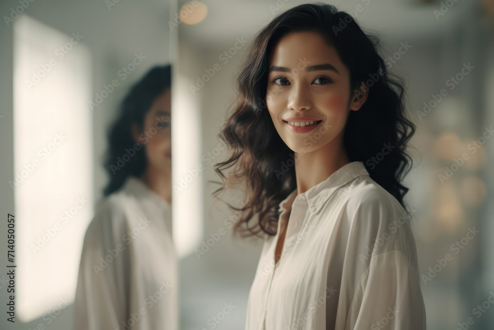 Mirrored Dimensions, Asian Woman Surrounded by Reflective Surfaces, Creating a Captivating of Images Mirrored Dimensions, Asian Woman Surrounded by Reflective Surfaces, Creating a Captivating of Images