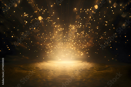 Light abstract glowing bokeh light. Shining star, sun particles and sparks with lens flare effect on black background. Sparkling magical dust particles. Christmas concept. photo