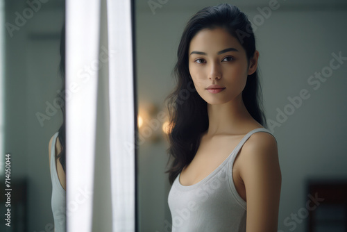 Mirrored Dimensions, Asian Woman Surrounded by Reflective Surfaces, Creating a Captivating of Images