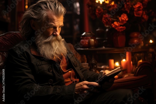 A bearded man, clad in cozy clothing, sits by a flickering candle, engrossed in a book, his face reflecting the warmth and wisdom within