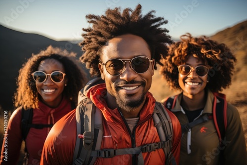 A cheerful group of hikers standing under the bright sky, donning stylish sunglasses and protective goggles, radiating confidence and joy as they embark on their outdoor adventure in their trendy jac