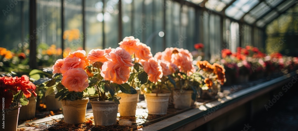A colorful collection of annual flowers in vibrant flowerpots adorn the windowsill of a charming greenhouse, creating a stunning display of floristry and floral design