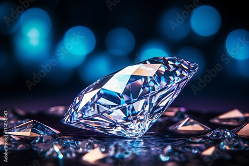 Close-up shot of dazzling diamond on dark blue background. Showcasing its brilliance and allure