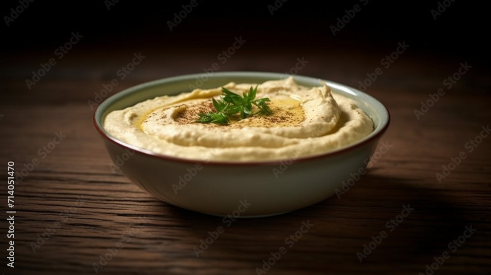 A bowl of creamy hummus, a staple dip for Ramadan meals