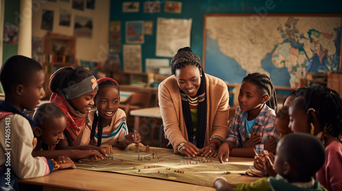 Group Of elementary school pupils sitting listening to African female teacher read story in modern class room.