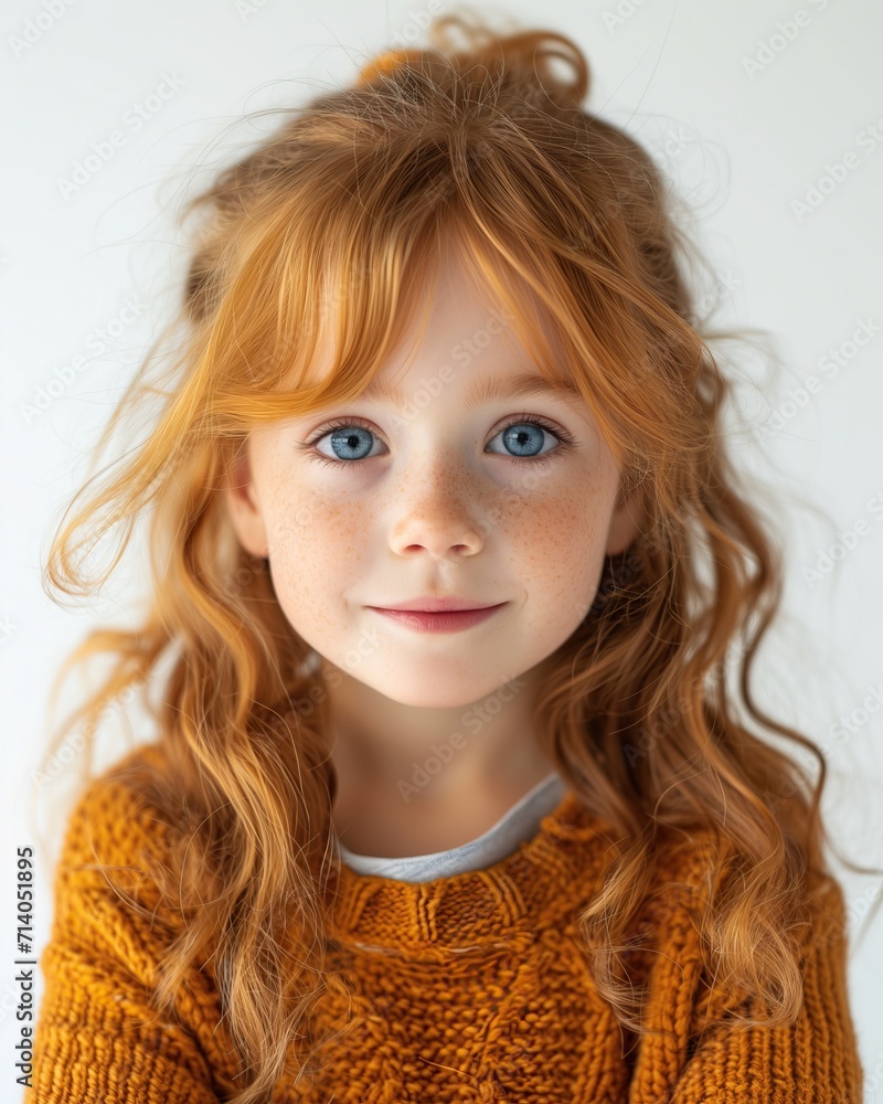 A very beautiful calm and smiling little redhead girl. An expressive portrait of an emotional child. A very beautiful calm and smiling little redhead girl. An expressive portrait of an emotional child.