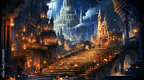Immerse yourself in a fantasy landscape with this captivating illustration. The dark city, ancient castle, and mysterious fog create a dreamlike and artistic scene.
