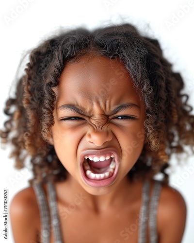 Little African-American girl displays hysterics and aggression, crying. Photo for psychology article on childhood crisis. An expressive portrait of an emotional child.