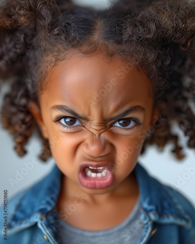 Little African-American girl displays hysterics and aggression, crying. Photo for psychology article on childhood crisis. An expressive portrait of an emotional child. photo