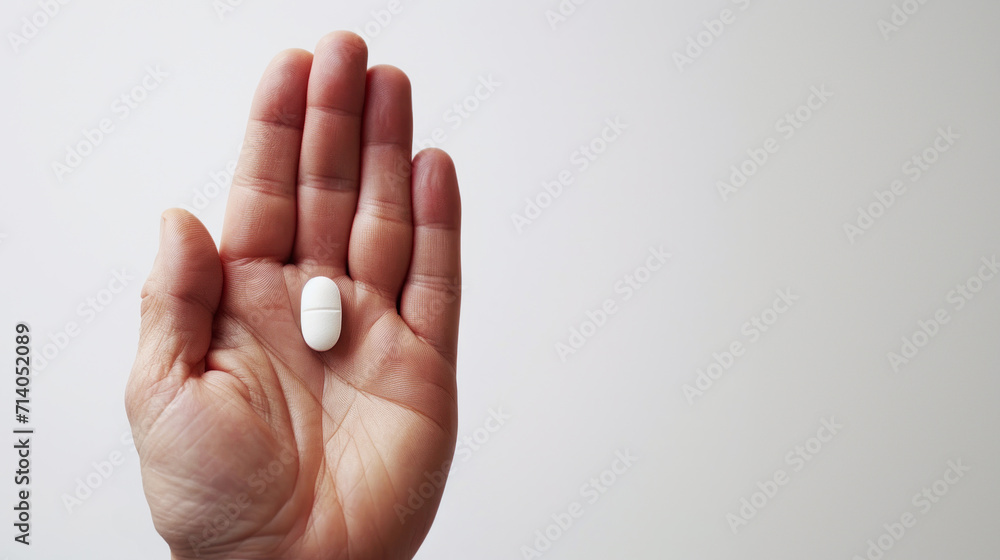 Pill rests on palm of a hand. Medecine and pharmacy concept with copy space.