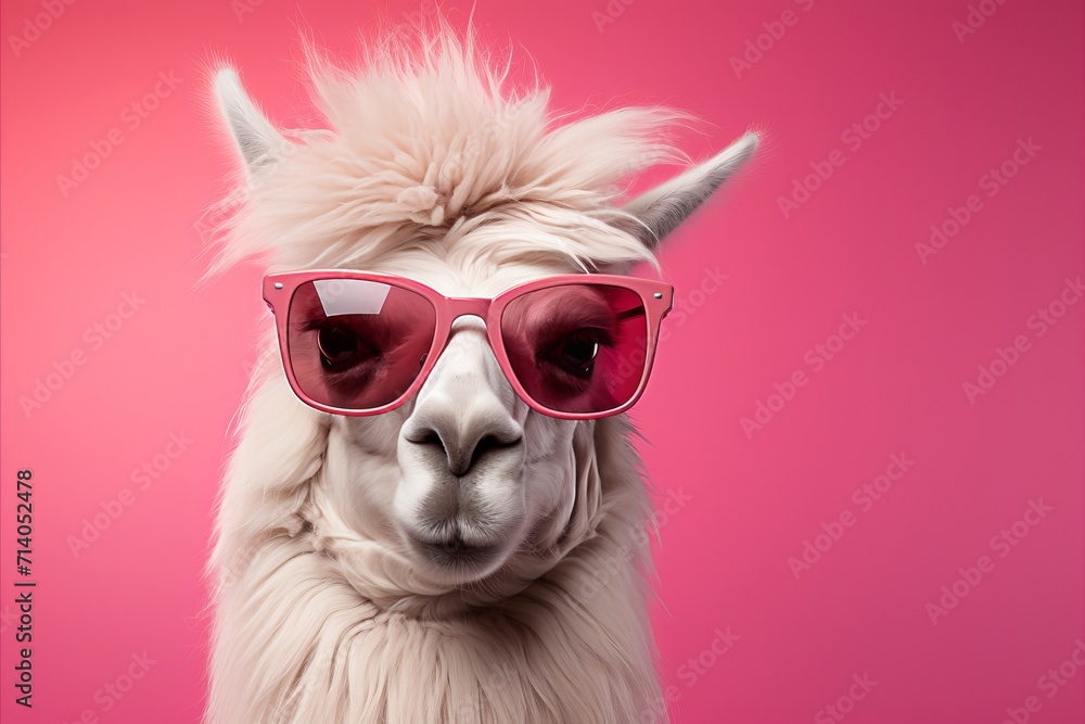 Stylish llama in sunglasses, posed against pastel backdrop, exudes commercial vibe
