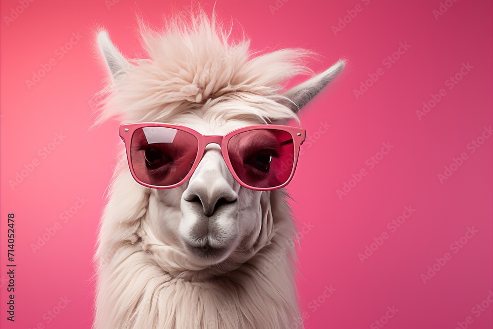Stylish llama in sunglasses, posed against pastel backdrop, exudes commercial vibe Stylish llama in sunglasses, posed against pastel backdrop, exudes commercial vibe