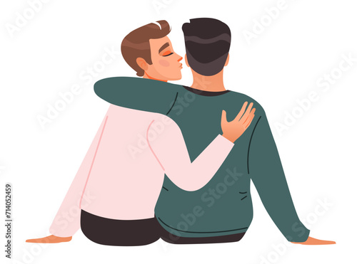 LGBT couple hugging. LGBT pride month. Homosexual community, men gays in romantic sexual relationships. Cartoon vector illustration.
