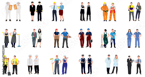 Pair of various professional. Different profession couple standing. Construction worker, aviation, medical, police, medical, architect, mechanic, businesspeople, chef, bee keeper and many more. 