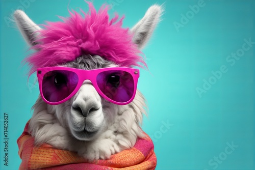 Stylish llama wearing sunglasses in a vibrant commercial vibe on pastel backdrop