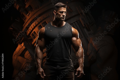 Close-up illustration of powerfully muscular male figure against dark background