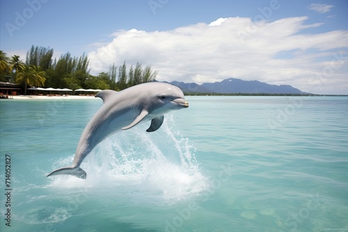 Elegant dolphin gliding and jumping amidst the pristine and translucent azure ocean waters