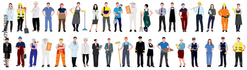 Collection of male and female of various occupations or profession wearing professional uniform- construction worker, farmer, chef, waiter, cleaner, business, delivery. Realistic vector illustration.