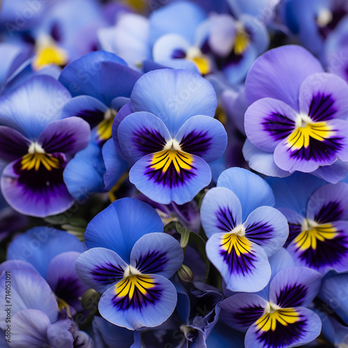 Spring background. Close Up Of Some Blue Pansy Flowers Are Moving In Spring. Copy paste area for texture