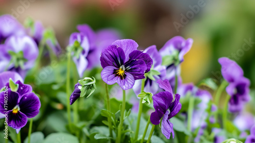 Spring background. Close Up Of Some Purple Pansy Flowers. Copy paste area for texture 