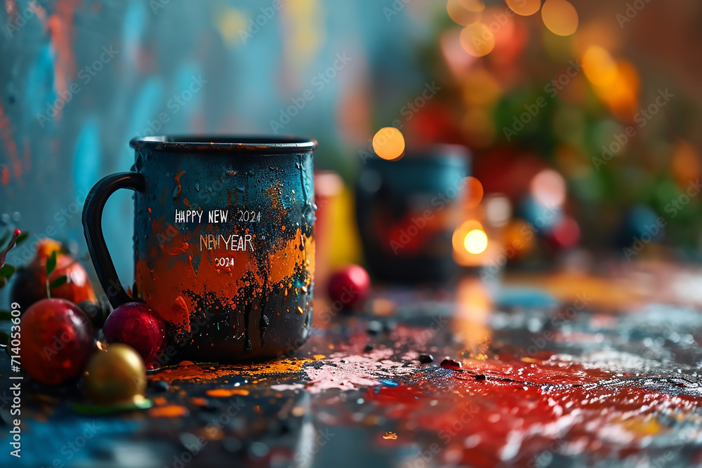 still life with tea and spices ,Christmas bokeh in background, good times, - obrazy, fototapety, plakaty 