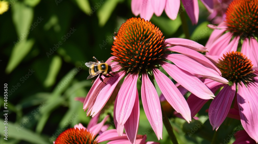 Spring background. Some Purple Cone-Flowers With A Bee. Copy paste area for texture Spring background. Some Purple Cone-Flowers With A Bee. Copy paste area for texture