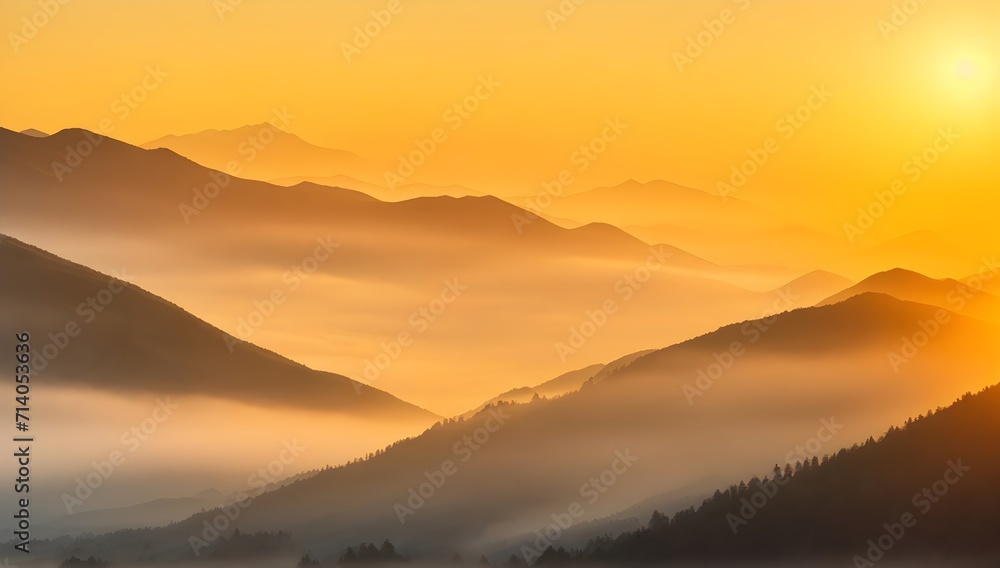 Sunrise over mountains. Beautiful misty mountains landscape with golden sunlight