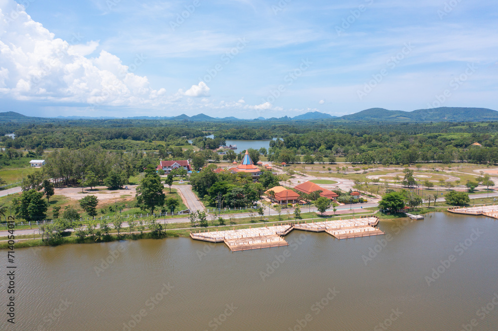 Aerial view of resort hotel buildings with Chao Phraya River, Tha Ma Kham, Mueang Kanchanaburi District, Thailand.