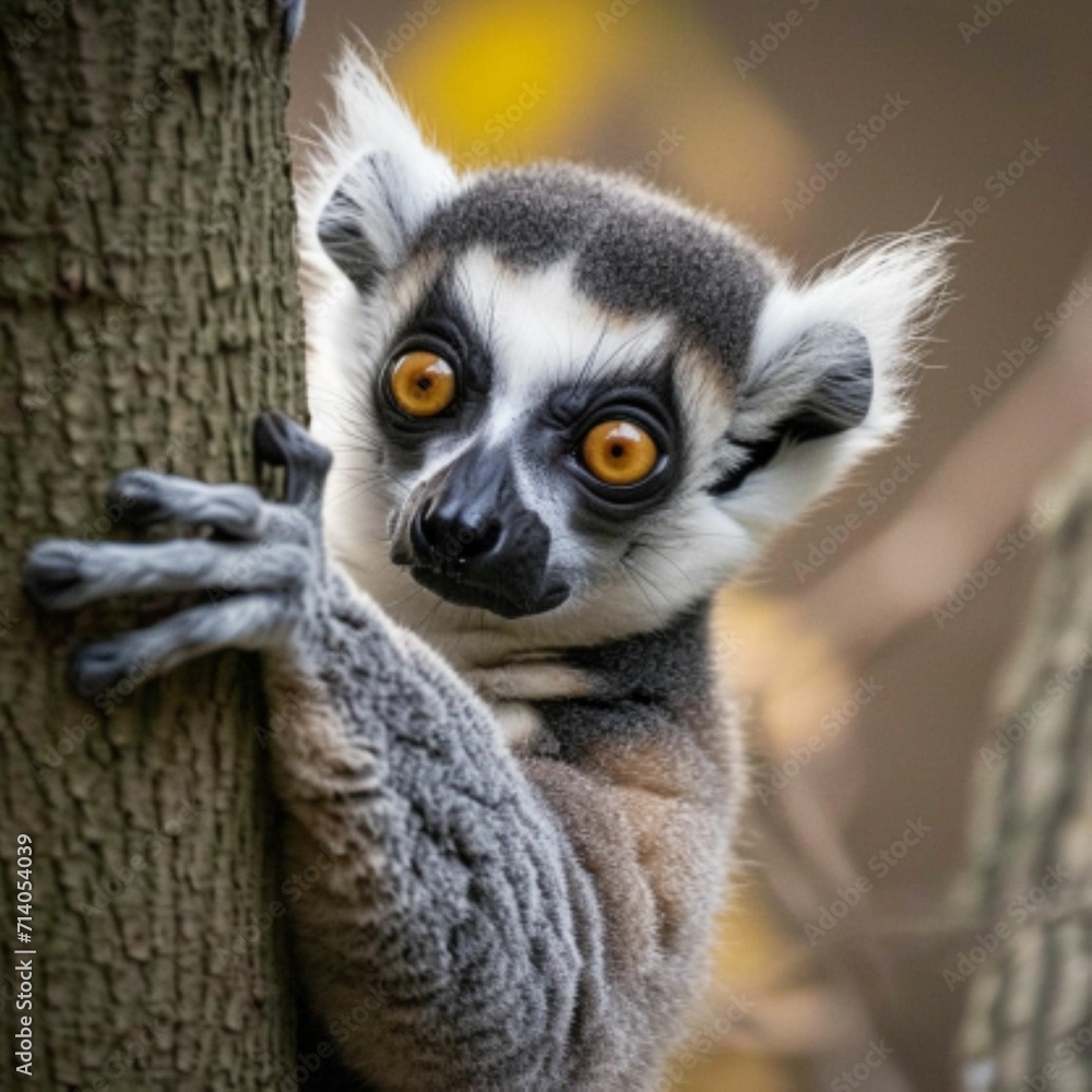 Fototapeta premium Wild animals in the wild. A charming and cute lemur on a tree.