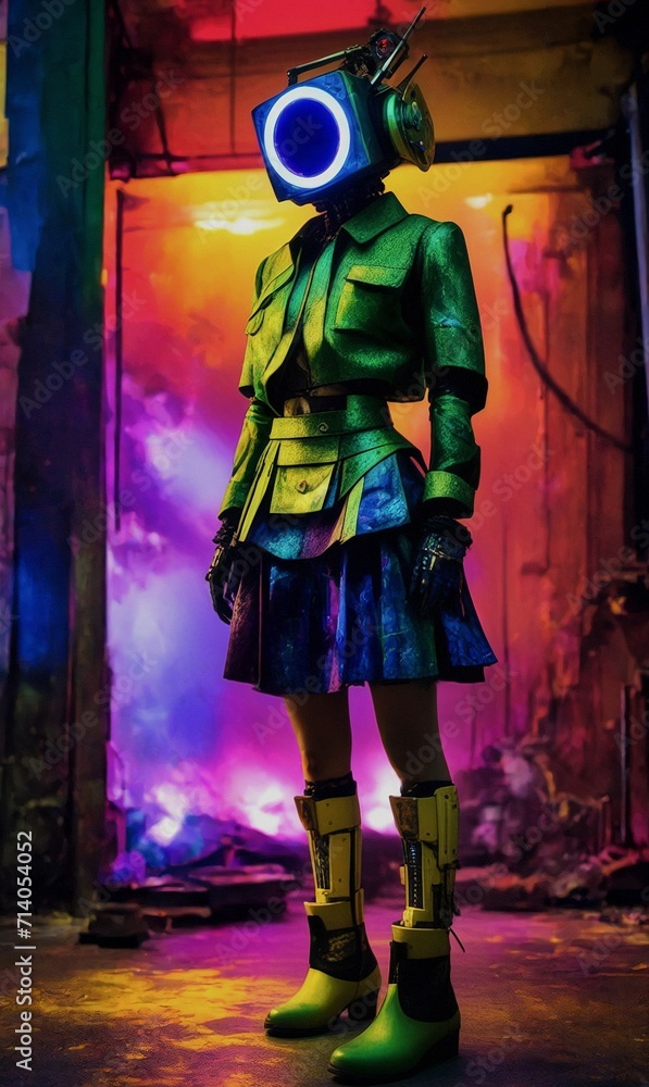 Futuristic figure in a green jacket with multiple belts and a blue skirt and yellow armored boot, illuminated by neon lights, exuding an aura of mystery and power. Her head is replaced with a box that
