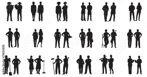 People with various occupations professions standing together. silhouettes set collection of diverse professional on isolated white background. 