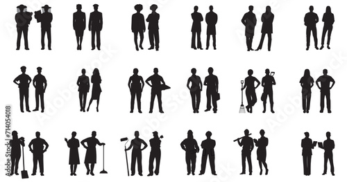 People with various occupations professions standing together. silhouettes set collection of diverse professional on isolated white background.	