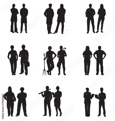 People with various occupations professions standing together. silhouettes set collection of diverse professional on isolated white background.	