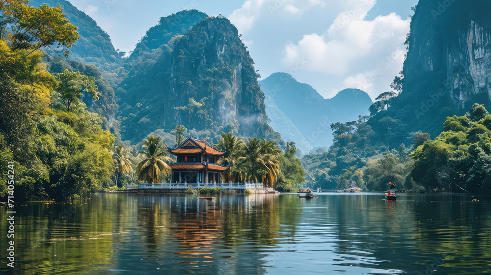 Serene River and Mountain Pagoda Serene River and Mountain Pagoda