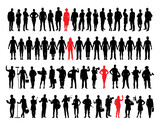 Woman in red silhouette standing among group of people in black silhouettes vector set.